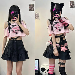 Pydshop American Sexy Hollow Out Black Pink T-shirts 2024 Summer New Print Tee Shirt Y2k Grunge Off Shoulder Short Sleeve Tops Women