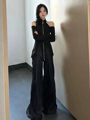 Pydshop 2024 New Stand Collar Zipper Tops Women Off Shoulder Long Sleeve T-shirts Y2k E-Girl Slim Fit Halter Knitted Tee Shirt Sweater