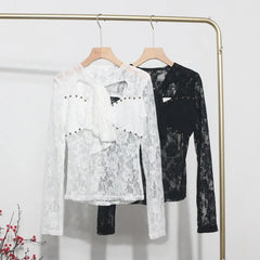 Pydshop Women's Retro Lace Ribbon Hollow Out Long Sleeve Top Sexy Slim Fitting Bottoming Shirt Y2K Palace Style Partyclub Streetwear