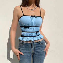 Pydshop 2024 Fashion Woman tops y2k style Sweet Stripe Bow Ruffles Crop Top