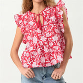 Pydshop Women Boho Tie Front Peplum Top Stripe Floral Print Flowy Fringe Sleeve Ruffle Crop Top Babydoll Blouse Tee Shirt Party Clubwear