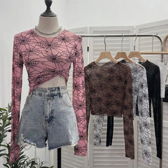 Pydshop Spider Print Mesh See Through Bottoming Long Sleeve T-shirt Dark Hot Girl Slim Short Top y2k PartyClub Wear Daily Essential9908