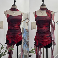 Pydshop Women's Spaghetti Strap Mesh Top Irregular Ruffled Ribbon Camisole Vest Sexy Hot Girl Y2K Tie Dye Pleated Slim Tube Top Casual