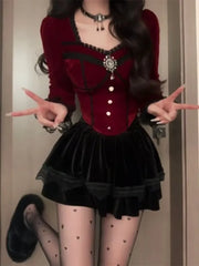Pydshop Christmas Red Velvet Long Sleeved Slim Fit Tops Women+ High Waist Ruched Black Skirts 2024 Early Autumn New Two Piece Sets