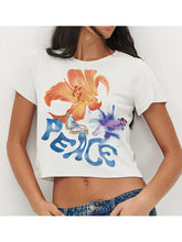 Pydshop Women Graphic Baby Tees Y2k E Girls Short Sleeve Floral Printed Crop Tops Slim Fitted Aesthetic Summer Shirts Vintage Streetwear