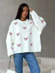 Pydshop Casual Heart Print Sweater Pullovers For Women Long Sleeve O Neck Fashion Loose Kniited Top Autumn Winter 2024 Streetwear