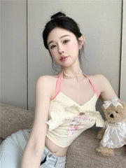 Pydshop Fashion Sweet Cute Cat Print Bow Tank Top Y2k Grunge Slim Fit Halter Sleeveless Tops Mujer 2024 Summer New Vest for Women