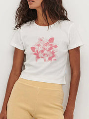 Pydshop Women Graphic Baby Tees Y2k E Girls Short Sleeve Floral Printed Crop Tops Slim Fitted Aesthetic Summer Shirts Vintage Streetwear