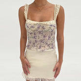 Pydshop French Romance 2 Piece Set Floral Print Crop Tops + Lace Trim Satin Mini Skirt Ruched Strap Backless Tie Up Camis