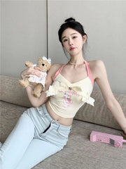 Pydshop Fashion Sweet Cute Cat Print Bow Tank Top Y2k Grunge Slim Fit Halter Sleeveless Tops Mujer 2024 Summer New Vest for Women