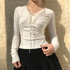 Pydshop 2024 Fashion Woman tops y2k style White Faux Fur Spliced Ruched Lace Top