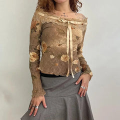 Pydshop 2024 Fashion Woman tops y2k style Vintage Flowers Printed Lace Patchwork Graphic Top