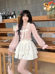 Pydshop Fashion Sweet Sailor Collar Bow Long Sleeve Tops Women+ Y2k E-Girl High Waist Ruffles A-line Skirts Summer New Two Piece Sets