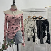 Pydshop Women's Retro Pink Butterfly Halter Distressed Distressed Long Sleeve T-Shirt Hot Girl Skew Collar One-Line Collar Slim Fit Top