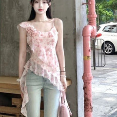 Pydshop Vintage Irregular Floral Camisole Tops 2024 Summer New Slim Fit Ruffles Tank Top Fashion Sexy Off Shoulder Vest for Women
