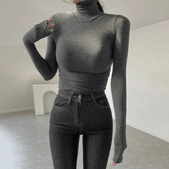 Pydshop 2024 Fashion Woman tops y2k style Casual Tight Turtleneck Long Sleeve Top