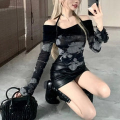 Pydshop Korean Sexy Halter Off Shoulder T-shirts Spring Autumn New Slim Fit Print Black Tee Shirt Y2k Grunge Long Sleeve Tops Women