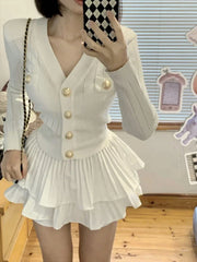 Pydshop Elegant Sweet V-neck Slim Fit Knitted Tops Women+ Y2k E-Girl High Waist Ruched Cake Skirts 2024 Autumn New Two Piece Sets