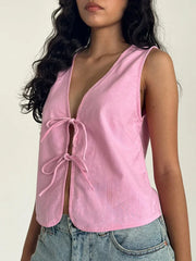 Pydshop Women Bow Ties Sleeveless Crop Top Retro Strappy Tank Top Summer Short Vest Fashion Streetwear Y2k Tops