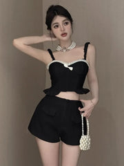 Pydshop Hotsweet Small Fragrant Two Piece Set Women Pearl Beading Sexy Sling Crop Top + High Waist Short Sets Summer 2 Piece Pant Sets