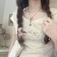 Pydshop 2024 Summer New O-neck Cotton T-shirts Kawaii Cat Print Sweet Fresh Slim Fit Tops Women Y2k E-Girl Short Sleeve Tee Shirt