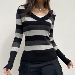 Pydshop 2024 Fashion Woman tops y2k style Vintage V Neck Stripe Long Sleeves Sweater