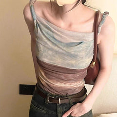 Pydshop Fashion Vintage Halo Dyeing Vest for Women Y2k E-Girl Mesh Irregular Camisole Tops 2024 Summer New Off Shoulder Tank Top
