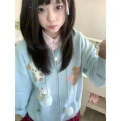 Pydshop Japanese Cartoon Patterned Hooded Tops Women Autumn Winter New Zipper Sweater Jackets Y2k Long Sleeve Loose Knitted Pullover