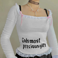 Pydshop 2024 Fashion Woman tops y2k style Sweet Lace Patchwork Letter Print Bow Top