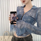 Pydshop 2024 Summer New Slim Fit Lace Up Cardigans American Vintage Blue Lapel Neck Tops Women Y2k Grunge Long Sleeve Blusas Mujer