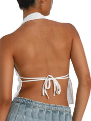 Pydshop Women's Halter Tank Tops Sleeveless Backless Split Front Ruched Drawstring Tops Y2k 2000s Clothes Streetwear
