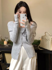 Pydshop Korean Gray Off Shoulder Knit Sweater Women Old Money Style Long Sleeve Jerseys Y2K Gyaru Slash Neck Basic Jumper Tops