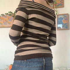 Pydshop 2024 Fashion Woman tops y2k style Vintage Brown Stripe Zipper Off Shoulder Sweater