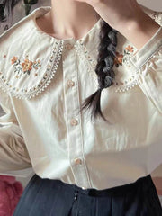Pydshop Kawaii Shirt Women Floral Embroidery Peter Pan Collar Long Sleeve Blouse Japan Elegant Fashion Design Harajuku New Tops