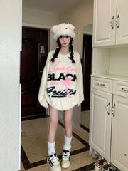 Pydshop - Oversized Sweater Women Winter Letter Jacquard Knit Sweater Thickened Casual Top Y2k Clothes O-Neck Sweater Mujer Fairy Grunge