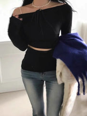 Pydshop Korean Fashion Slim Waist Hollow Out T-shirts Sexy Off Shoulder Halter Tops Women Y2k E-Girl Long Sleeve Pink Tee Shirt