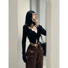 Pydshop Black Halter Two-piece Bottoming T-shirt for Women 2024 Summer New Tops Mujer Y2k Grunge Slim Fit Long Sleeve Tee Shirt