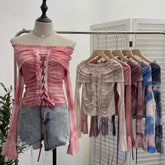 Pydshop Women's Retro Tie Dye Lace Up Waist-baring Short Top Sexy One Shoulder Mesh Trumpet Long Sleeve Top y2k PartyClub StreetWear