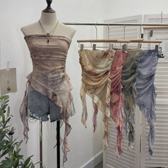 Pydshop Women's Tie Dye Ruffled Ribbon Mesh Tube Top Irregular Mesh Sleeveless Tube Top Sexy Backless Vest Party Leisure Essential Y2K