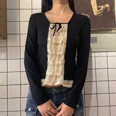 Pydshop 2024 Fashion Woman tops y2k style Vintage Lace Patchwork Slim Ruffles Tie-Up Top