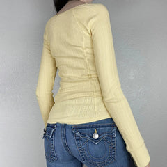 Pydshop 2024 Fashion Woman tops y2k style Yellow Bright Lace Trim Buttons Knit Top