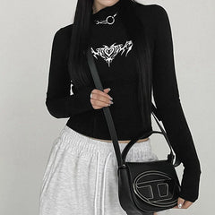 Pydshop 2024 Fashion Woman tops y2k style Gothic Dark Print Skinny Turtleneck Cropped Top