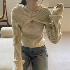 Pydshop 2024 New Hoodie Long Sleeve Knitted Tops Mujer+ Y2k E-Girl Slim Fit Vest for Women Autumn Winter All-match Two Piece Sets