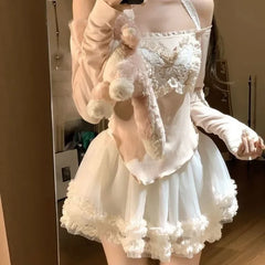 Pydshop Sweet Butterfly Off Shoulder Long Sleeve Tops Women+ High Waist Ruched Fungus Cake Skirts 2024 Summer New Two Piece Sets
