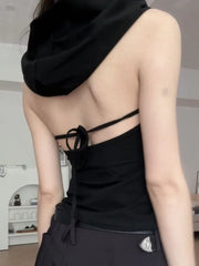 Pydshop Sexy Backless Lace Up Halter Hoodie Vest for Women 2024 Summer New Black Tank Top Y2k E-Girl Slim Fit Sleeveless Tops Mujer