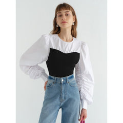 Pydshop Women's Clothes Shirt White Shirt Splicing Fashion Vintage Female Puff Sleeve Chic Baggy Casual Pullover Blouse Tops Fall 2023 Outfits