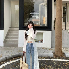 Pydshop 2024 Summer New Lace Oversized Cardigan Y2k E-Girl V-neck Up All-match Shirts Mujer Mid-length Long Sleeve Tops Women