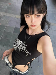 Pydshop American High Street Camisole Vest for Women Y2k Irregular Slim Fit Hollow Out T-shirts 2024 Summer New Web Print Tank Top