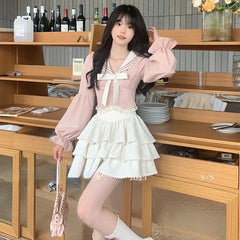 Pydshop Fashion Sweet Sailor Collar Bow Long Sleeve Tops Women+ Y2k E-Girl High Waist Ruffles A-line Skirts Summer New Two Piece Sets