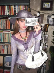 Pydshop 2024 Early Autumn New Bottoming Tops Mujer Purple Printed Lace Patchwork T-shirt for Women Y2k Slim Fit Long Sleeve Tee Shirt